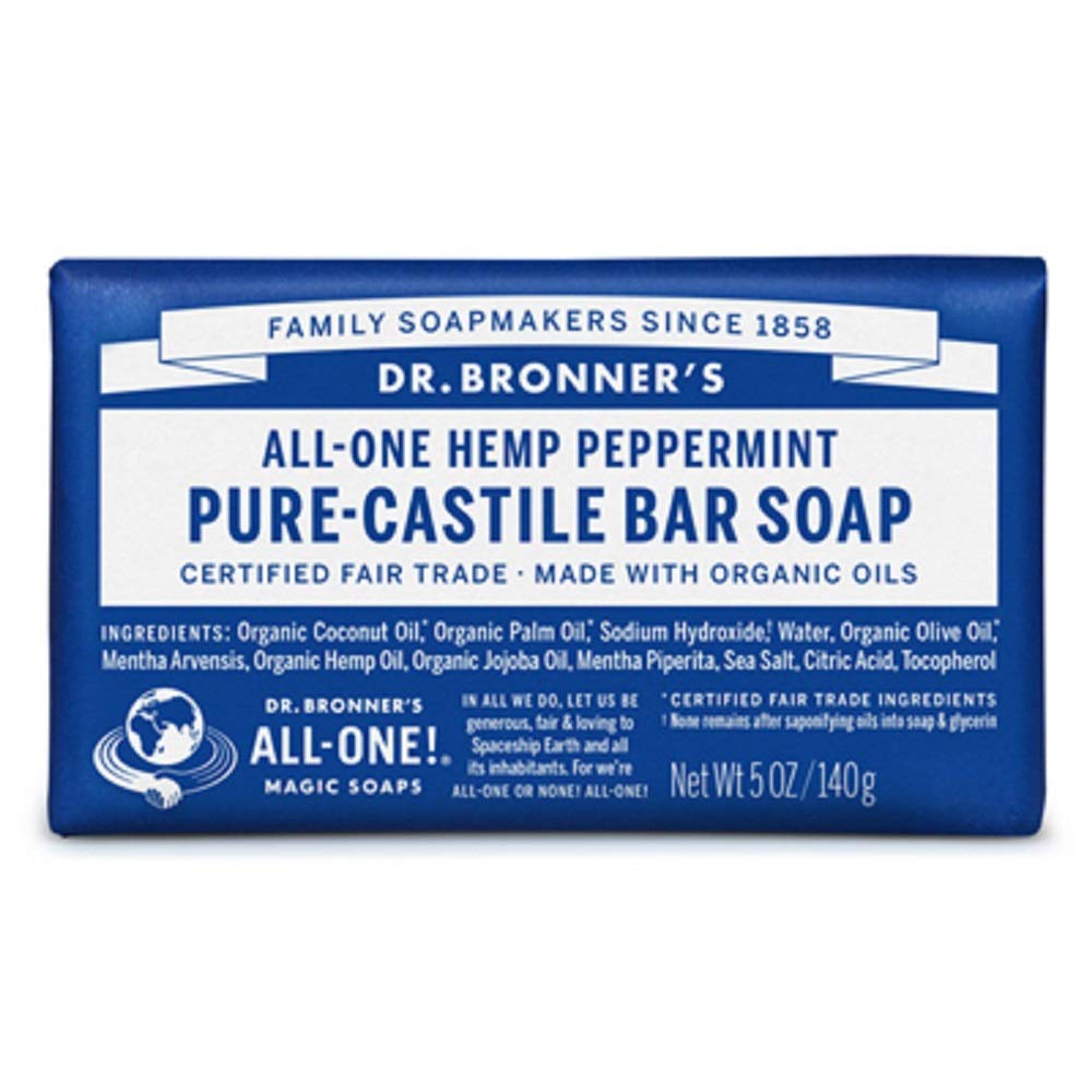 Dr. Bronner’s - Pure-Castile Bar Soap (Peppermint, 5 ounce, 8-Pack) - Made with Organic Oils, For Face, Body and Hair, Gentle and Moisturizing, Biodegradable, Vegan, Cruelty-free, Non-GMO