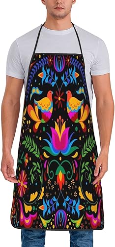 Miniatura 2 de Colorido fondo mexicano con flores y pájaros delantales delantales de chef impermeable babero para mujeres hombres cocina cocina hornear barbacoa,