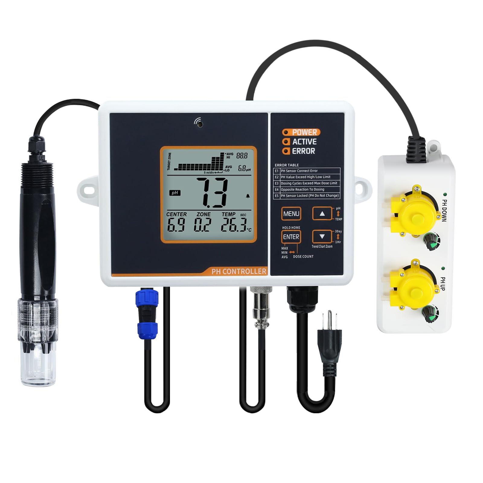 Automatic pH Controller with Dosing Pump & Dual Relay Output for pH Up and Down Dispense, Wall Mounted Aquariums pH Temperature Monitor with Data