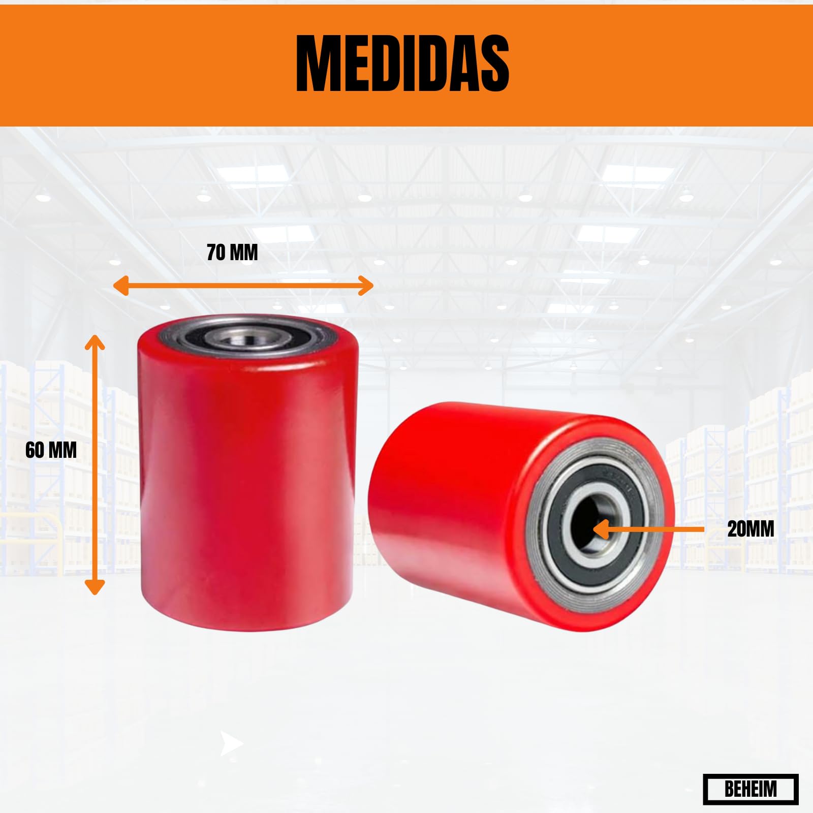 Ruedas de Transpaleta de Poliuretano,Rodillos Transpaleta 70x60x20 mm, Pack de 4 Unidades