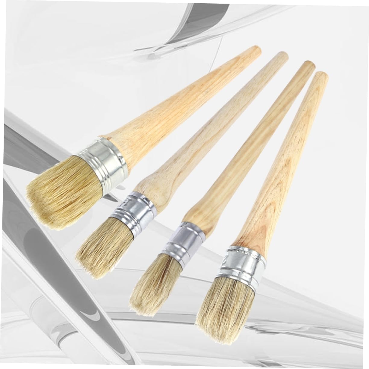 Pennello Rotondo per Pittura a Manico lungo 4 Pezzi, Legno | Set Professionale con Setole Naturali, per Stencil e Decorazioni Casa, Accesso Agevole a Fessure Difficili