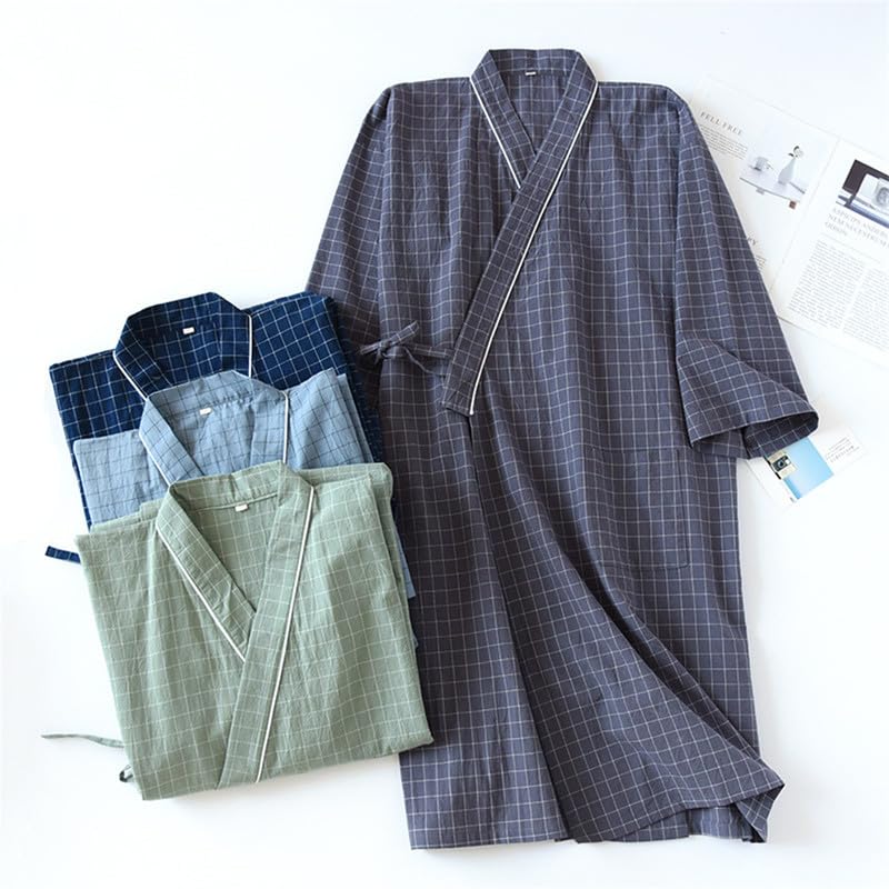 Shanghai Story Check Print Couple 100% Cotton Robe Soft Lightweight Kimono Bathrobe Loungewear2