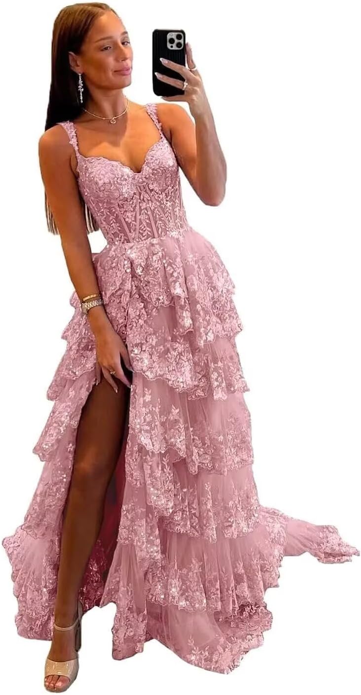 Womens Sparkly Tiered Lace Tulle Prom Dresses 2026 Long Spaghetti Straps Formal Evening Gown with Slit
