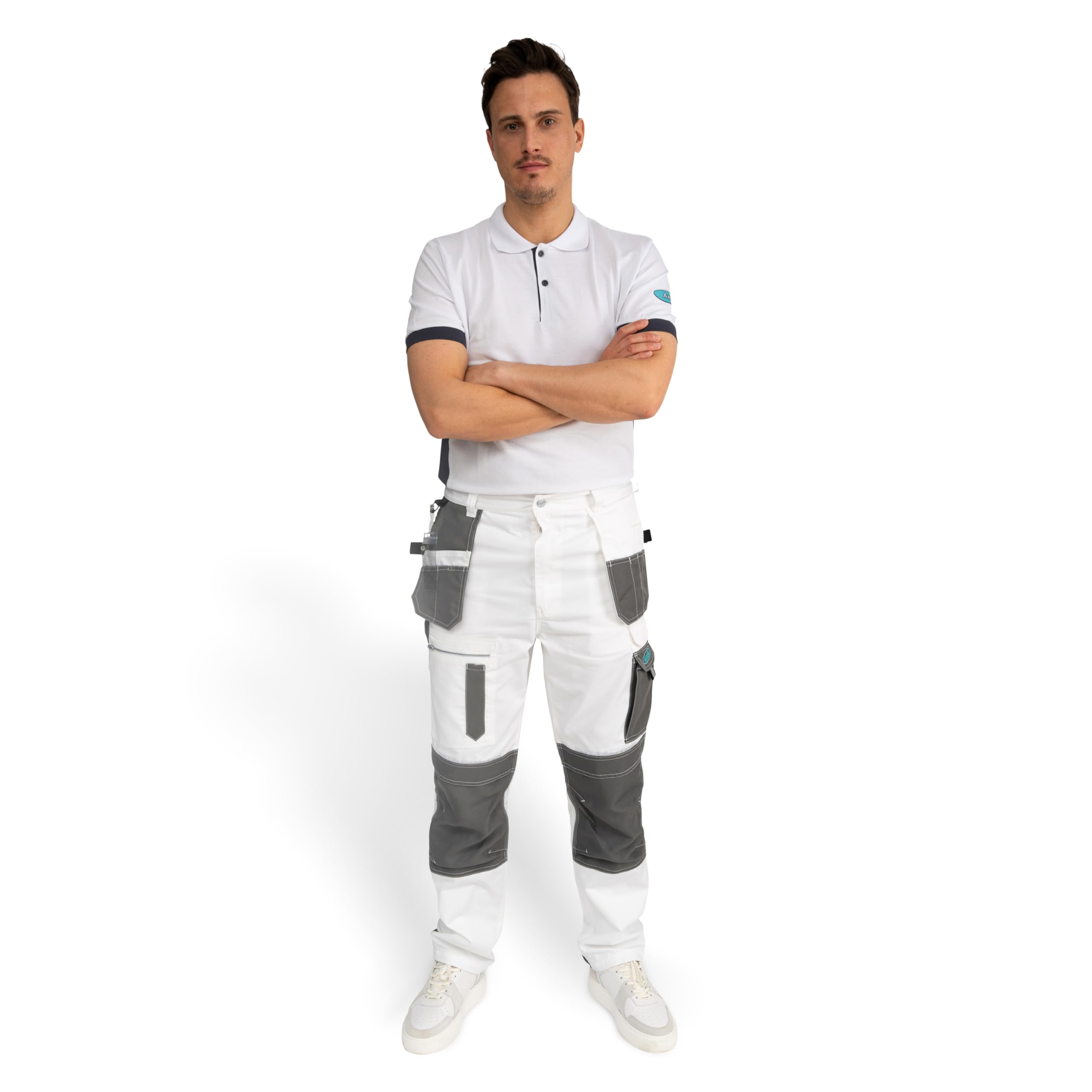 Axus Decor S-Tex Painter's Trousers for Men's– Triple-Stitched, Shrink-Resistant & Comfortable Fabric White Cargo Work Pants with Multiple Pockets for Painters & Workwear, Regular Leg (38" / 97cm)