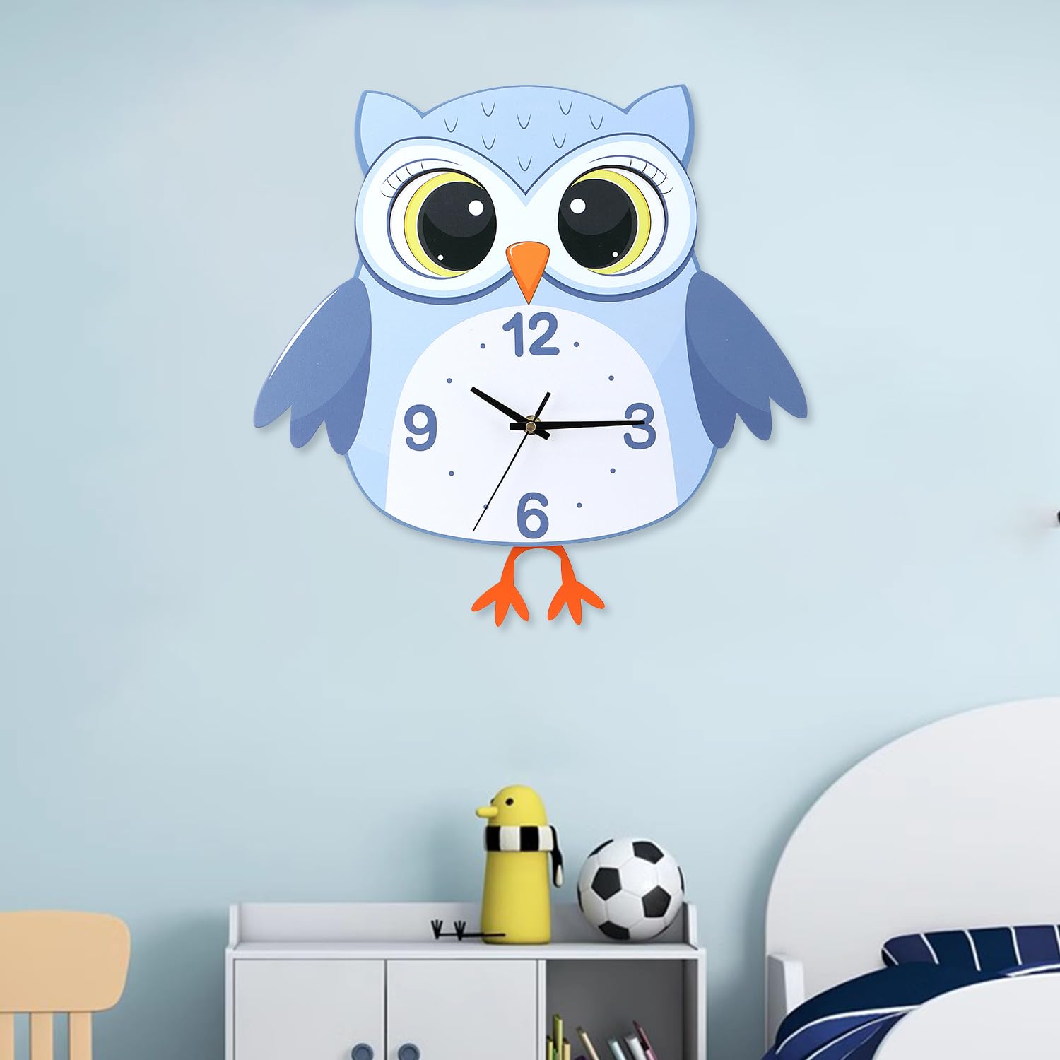AMOTOFO Funny Cartoon Owl Wall Clock, Animated Face, Kids Bedroom Decor, White(15.5in*14.9inch)