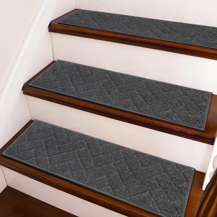 BEQHAUSE Stair Treads Non Slip Stair Runners Step Carpet Mat for Wooden Steps Indoor Machine Washable 28inX9in Edging Polyester Soft Stair Rugs for Kids Elders Pets with TPE Backing(Black,4pcs)