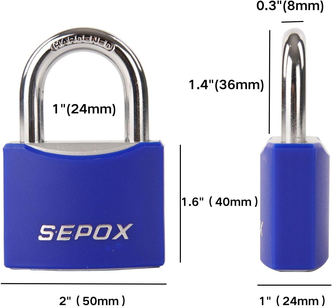 Diagram showing the dimensions of the SEPOX padlock