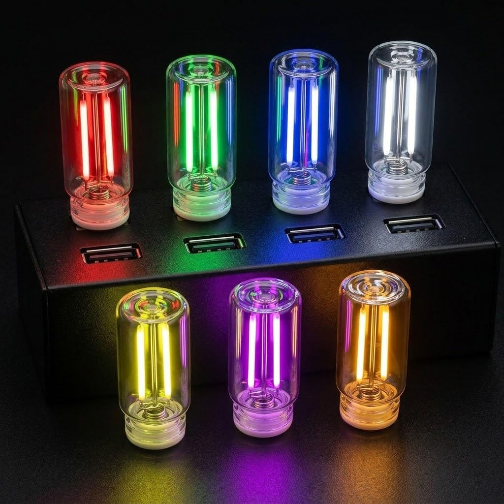 7pcs USB Interior Car Lights, Retro Plug-in Night Light with Touch Adjustment, LED Mini Portable Dimmable Bulb, Glass Bottle Lamp for Automotive Vehicle Bedroom Holiday Atmosphere Decoration, 7 Colors