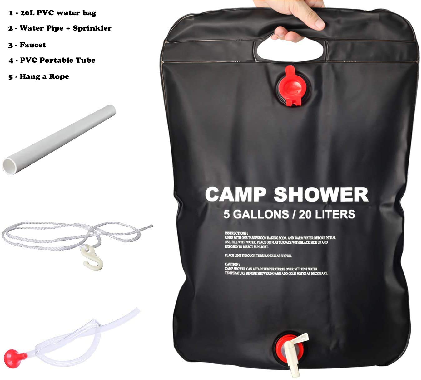 Sac de douche solaire de camping – 20 L (5 gal) avec tuyau et pommeau