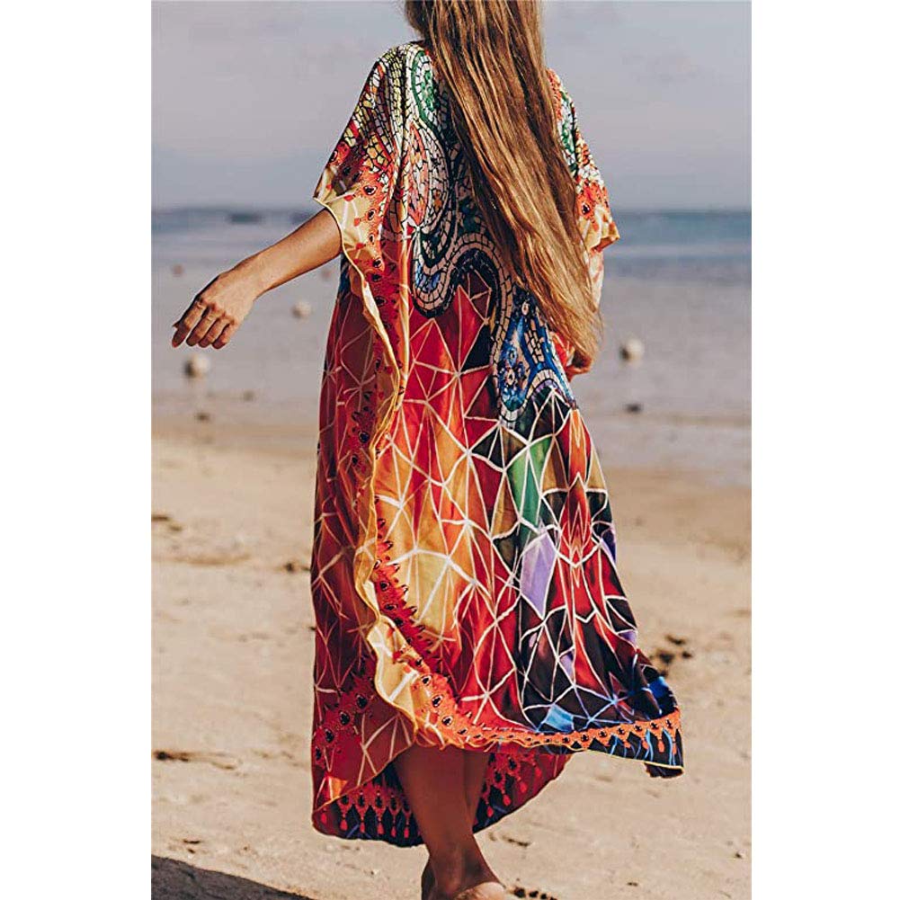 Caftan Vestido Largo de Playa Mujer Verano Traje de Baño Bohemio Floral Maxi Túnica Pareo Bikini Cover Up