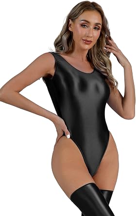 Jugaoge Womens Sexy One Piece Sleeveless High Cut Bodysuit Oil Glossy Monokini Swimsuit Leotard