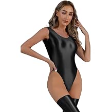 Jugaoge Womens Sexy One Piece Sleeveless High Cut Bodysuit Oil Glossy Monokini Swimsuit Leotard