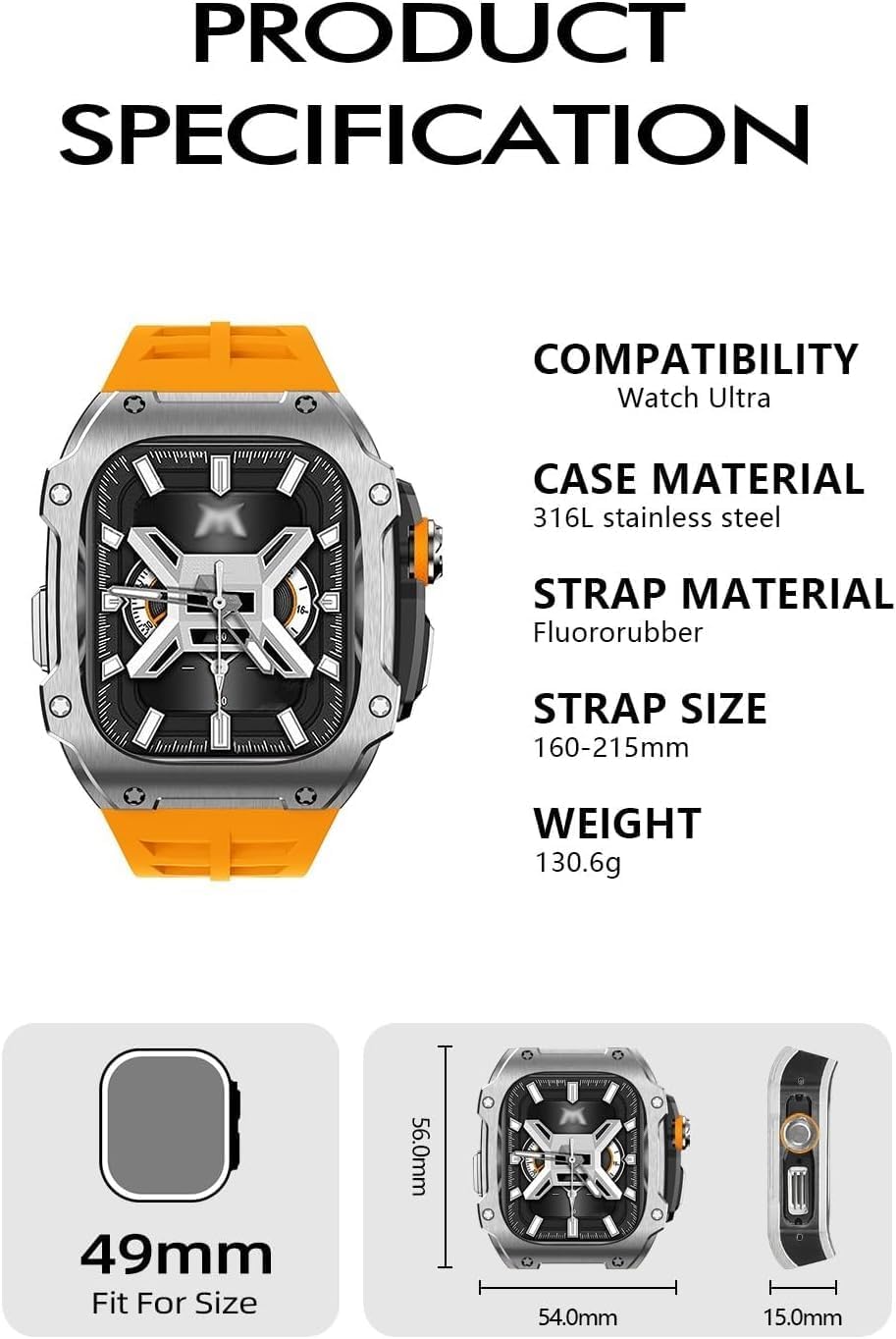 INFRI Stainless Steel Watch Case Rubber Band Mod Kit，For Apple Watch 44mm 45mm，Metal Watch Case Sport Breathable Strap，For Iwatch Series 8/7/6/5/4/SE Replacement Accessories