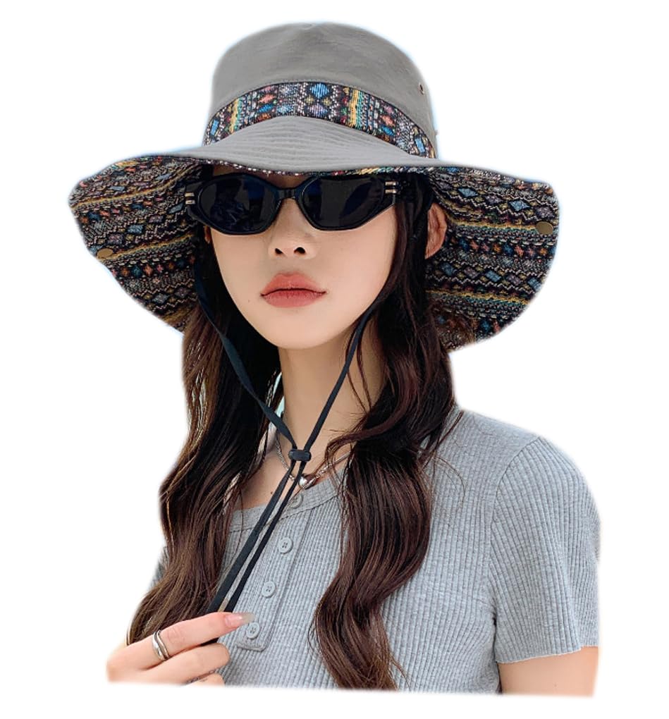OhMill Floral Women's Wide Brim Sun Hats Dual Side Wearable Fisherman Bucket Hats Beach Hat Ladies Grey