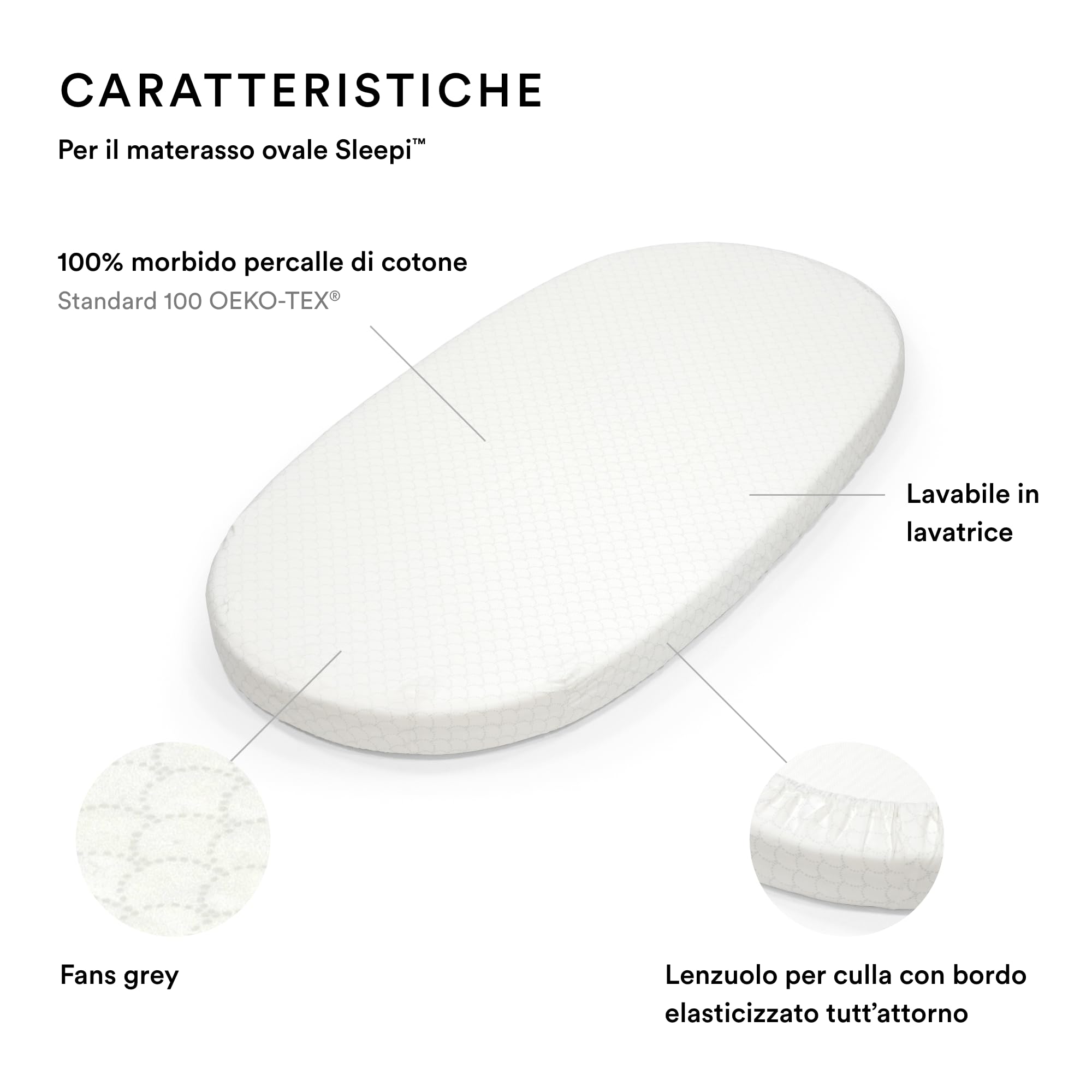 Stokke Lenzuolo sotto Sleepi, Fans Grey - Morbide lenzuola per sogni dolcissimi - Per i letti Sleepi - 100% morbido percalle di cotone - Lavabile