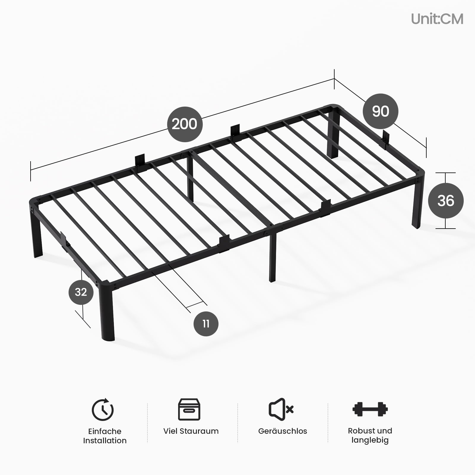 KUTAS Einzelbettgestell, 90 x 200 cm, Höhe 36 cm mit Stauraum unter dem Bett, 14 Reihen Metalllamellen Bett, Kein Boxspringbett Erforderlich, Einfach zu Montieren, Geräuschlos, Modern, Schwarz