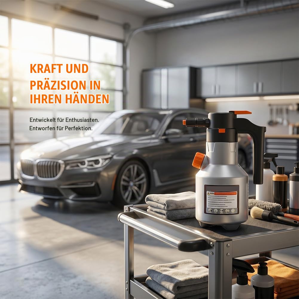Elektrische Hochdruck-Schaumpistole mit XXL-Tank & Langer Akkulaufzeit, Elektrischer Schaumsprüher Auto 2L, Tragbare Schaumpistole Autowäsche & Foam Sprayer für Auto, Haushalt & Küche (Grau)