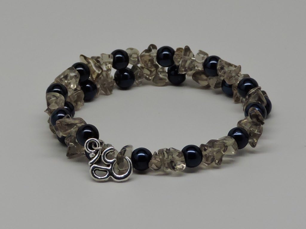 Memory Wire Bracelet with Blue Pearls and Grey Beads. Decorated with a Silver Plated Om Charm.