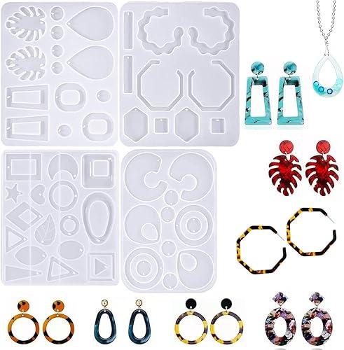 4 moldes de resina para pendientes, moldes de silicona para fundición de resina, moldes epoxi para joyería de resina, moldes DIY
