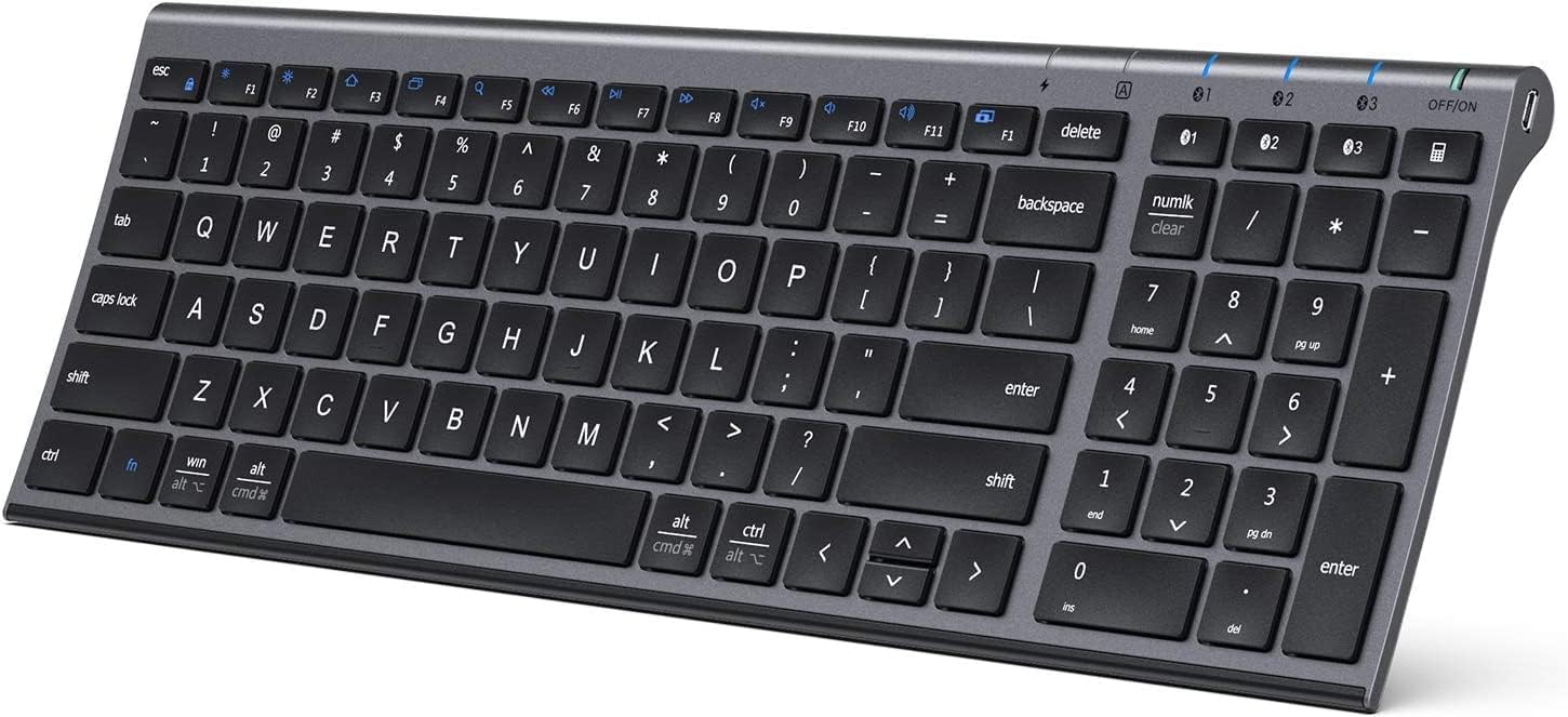 BK10 Multi-Device Bluetooth Keyboard for Mac, Windows, Chrome OS, Android, iPad, iPhone, Rechargeable Wireless Keyboard Easy-Switch up to 3 Devices Grey Black