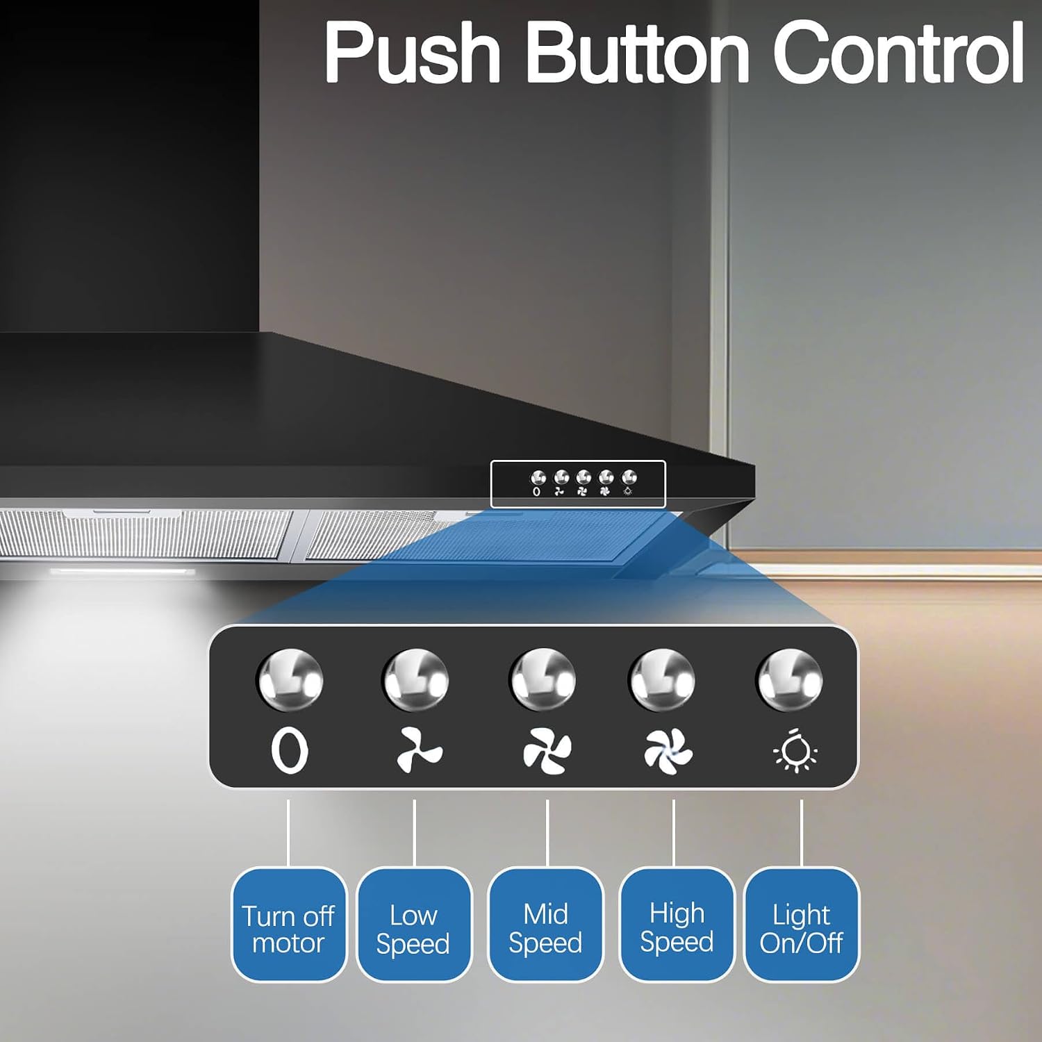 Close-up of the push-button control panel on the range hood, showing buttons for power, low, mid, high fan speeds, and light on/off.