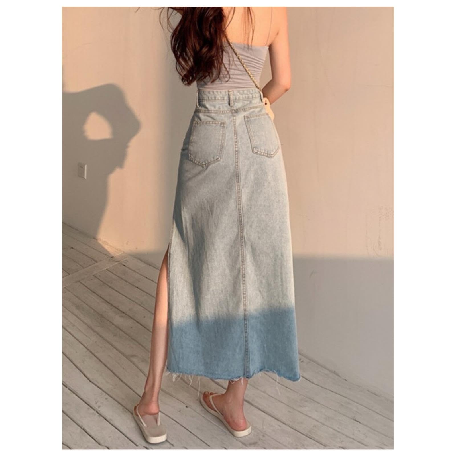 NOGRAX Długa spódnica długa dżinsowa spódnica vintage damska solidna wysoka talia smukły styl dżinsowa rozcięcie spódnica midi lato moda dziewczyna