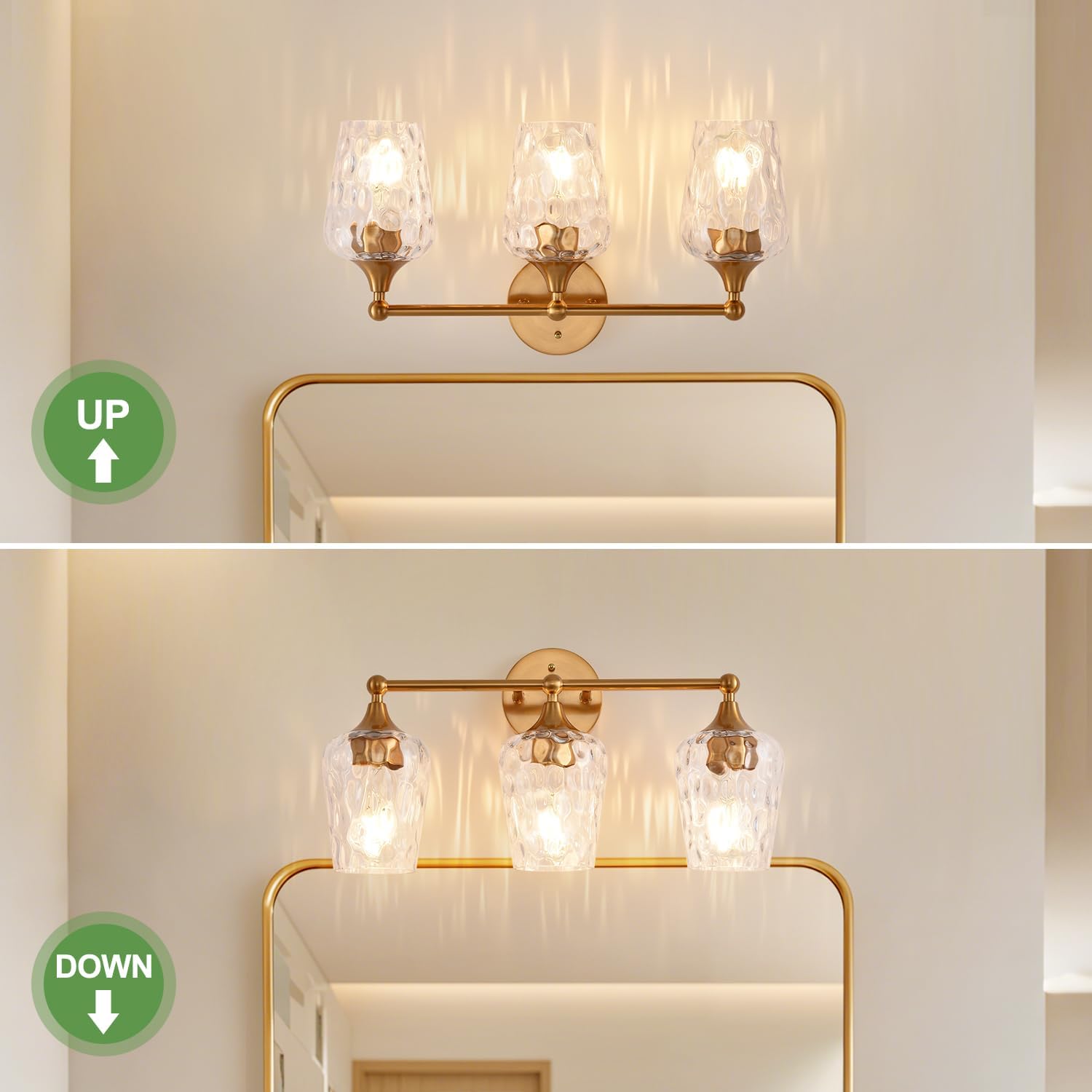 20 inch 3-Light Gold Vanity Light,Modern Wall Sconce with Rippled Glass Lampshade,Bathroom Lighting Fixture Over Mirror for Living Room,Bedroom,Hallway