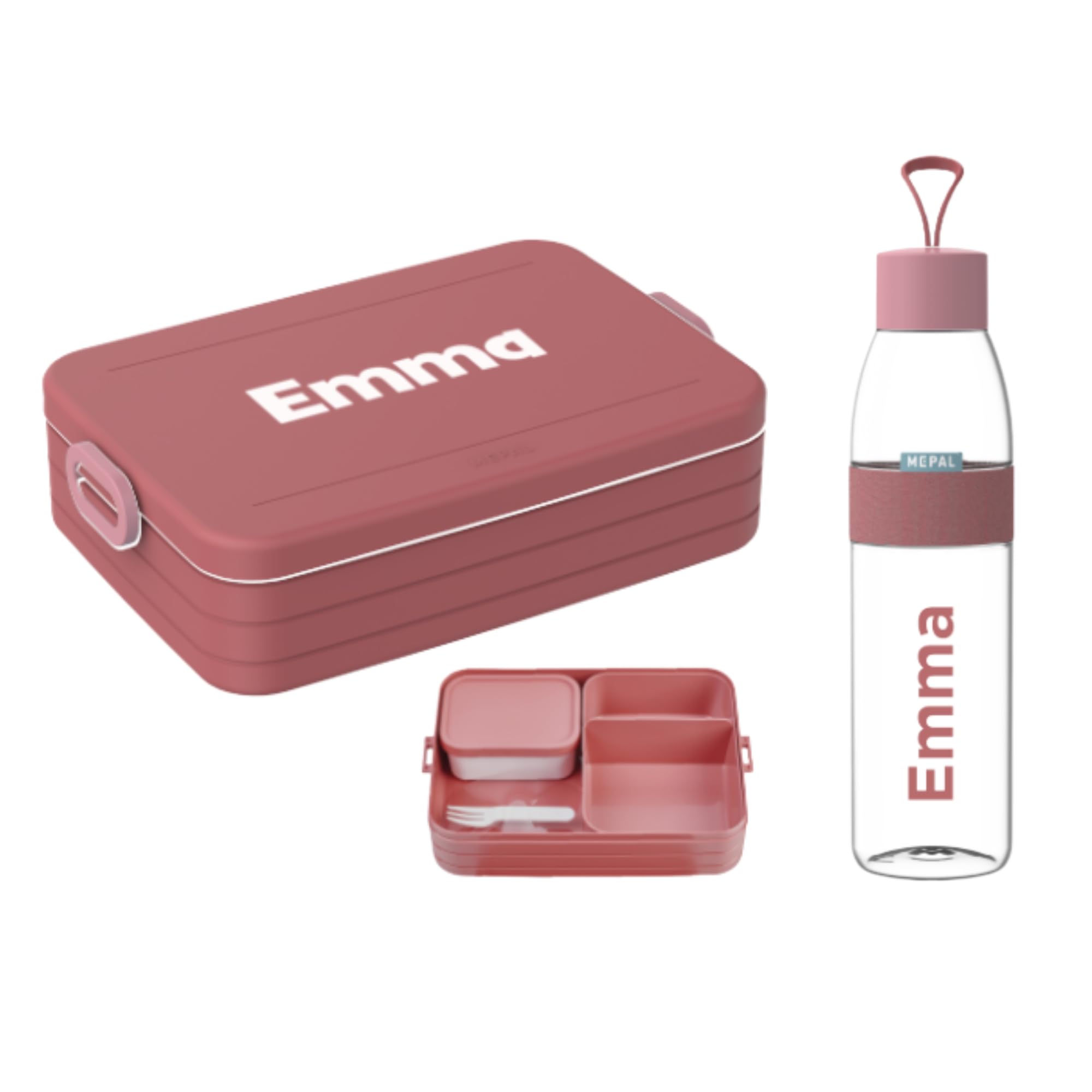 Mepal Set – Personalisierte Bento Lunchbox & Trinkflasche 700 ml – Brotdose mit Namen für Kinder & Erwachsene – BPA-frei – Schule, Büro & unterwegs – Vivid mauve