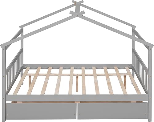 Miniatura 140 de Merax Cama de madera de tamaño individual con dos cajones, marco de cama de madera con techo para niños, adolescentes, niños o niñas, gris