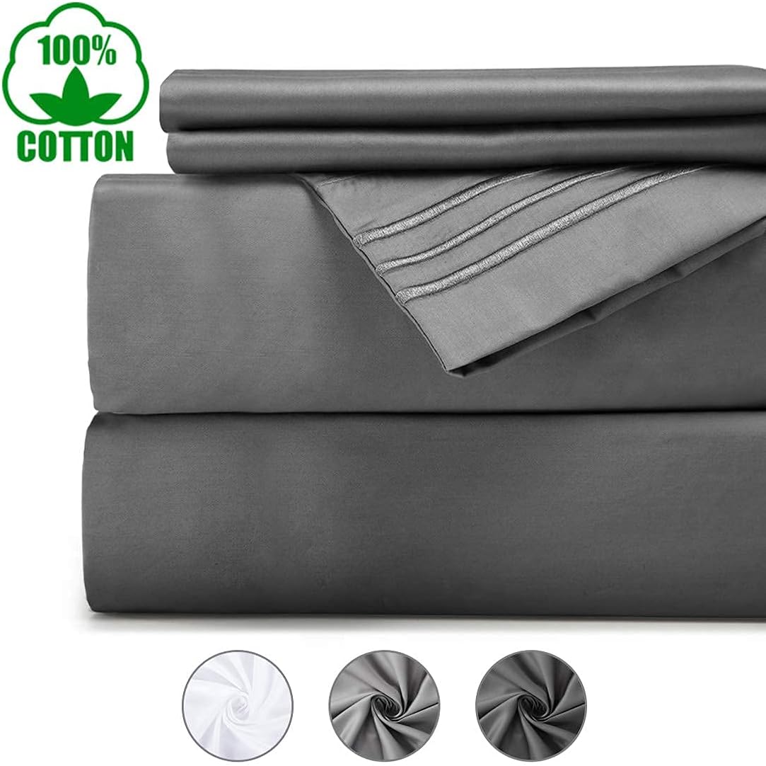 TEKAMON 100% Cotton 600 Thread Count Luxury 4 Piece Bed Sheet Set All Season Egyptian Long-Staple Combed Cotton Sheets -Silky Soft, Breathable, Cooling, Deep Pocket (Dark Grey, Twin)