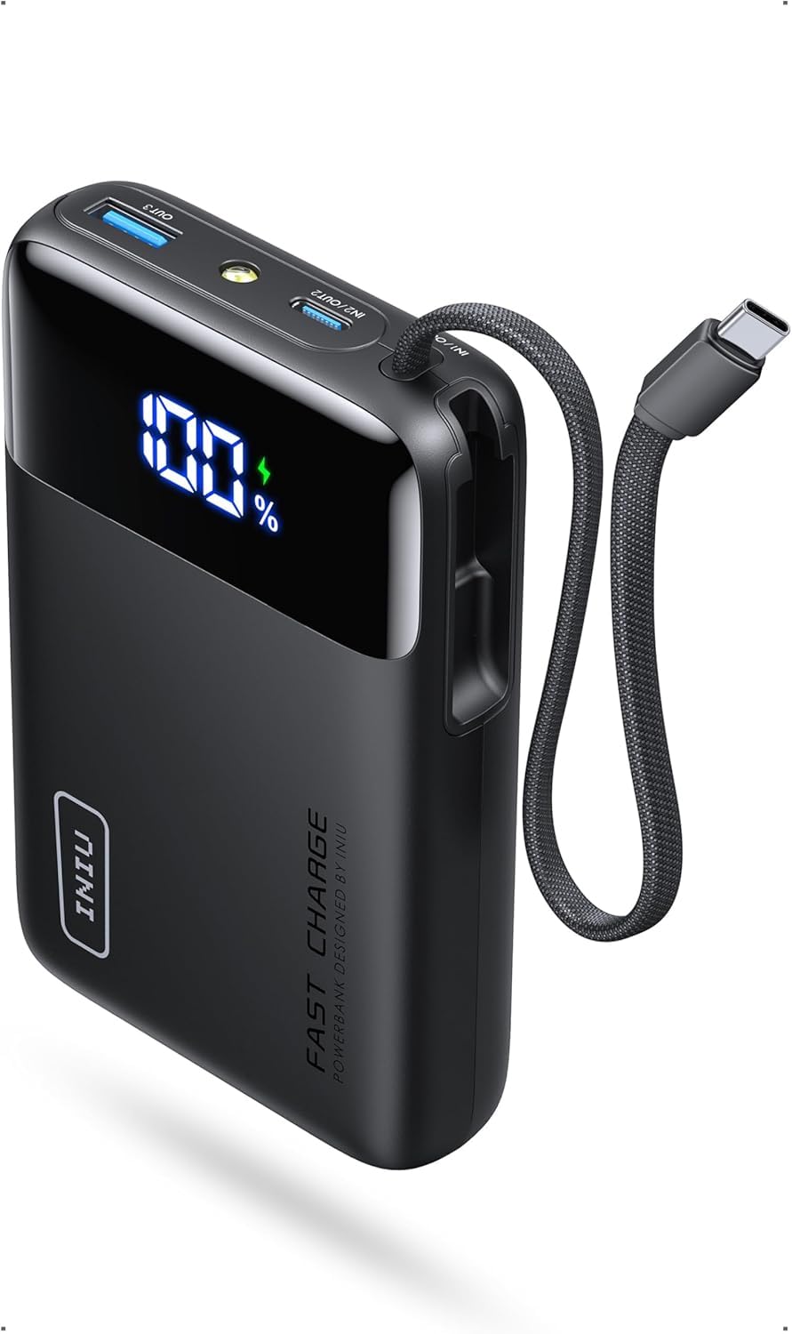 INIU 20000mAh Power Bank showing its digital display and built-in USB-C cable.