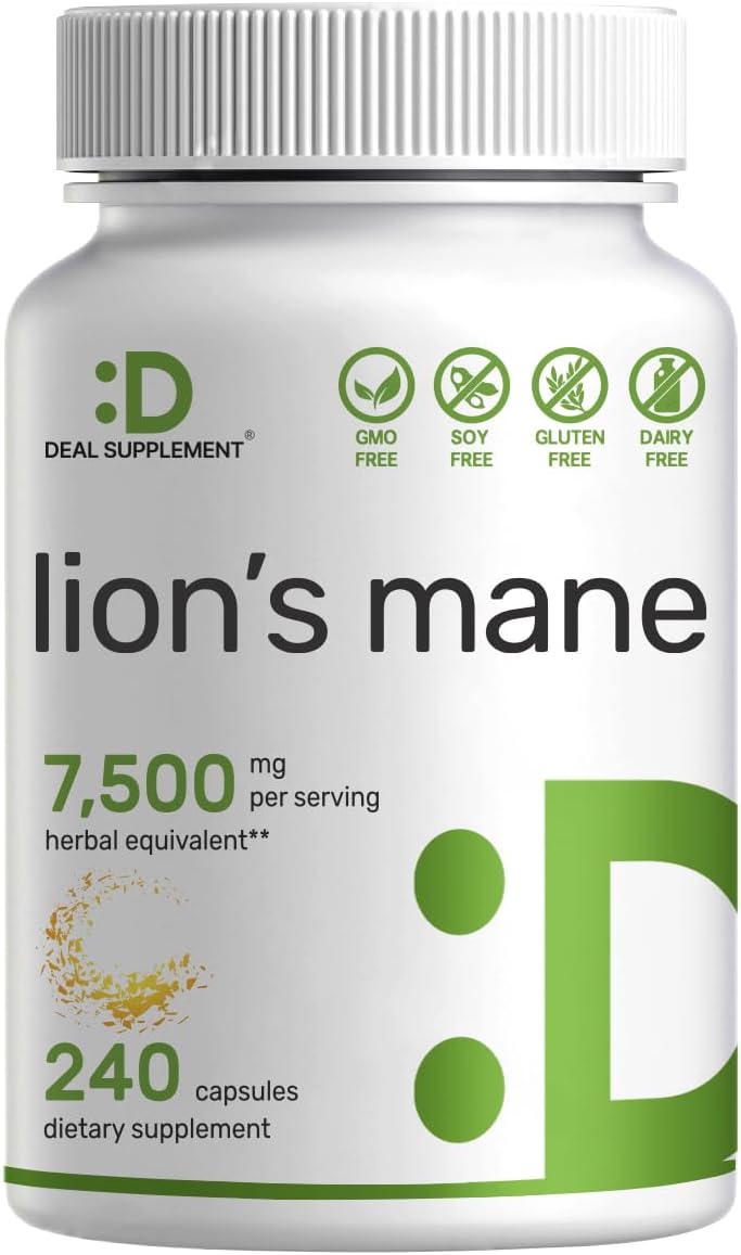 Lions Mane Mushroom Supplement, 7,500*mg Per Serving, 240* Capsules – Active Fruiting Body & Mycelium 10:1 Extract – Natural Brain Nootropic & Immune System Booster – Non-GMO Lions Mane Mushroom Supplement, 7,500*mg Per Serving, 240* Capsules – Active Fruiting Body & Mycelium 10:1 Extract – Natural Brain Nootropic & Immune System Booster – Non-GMO