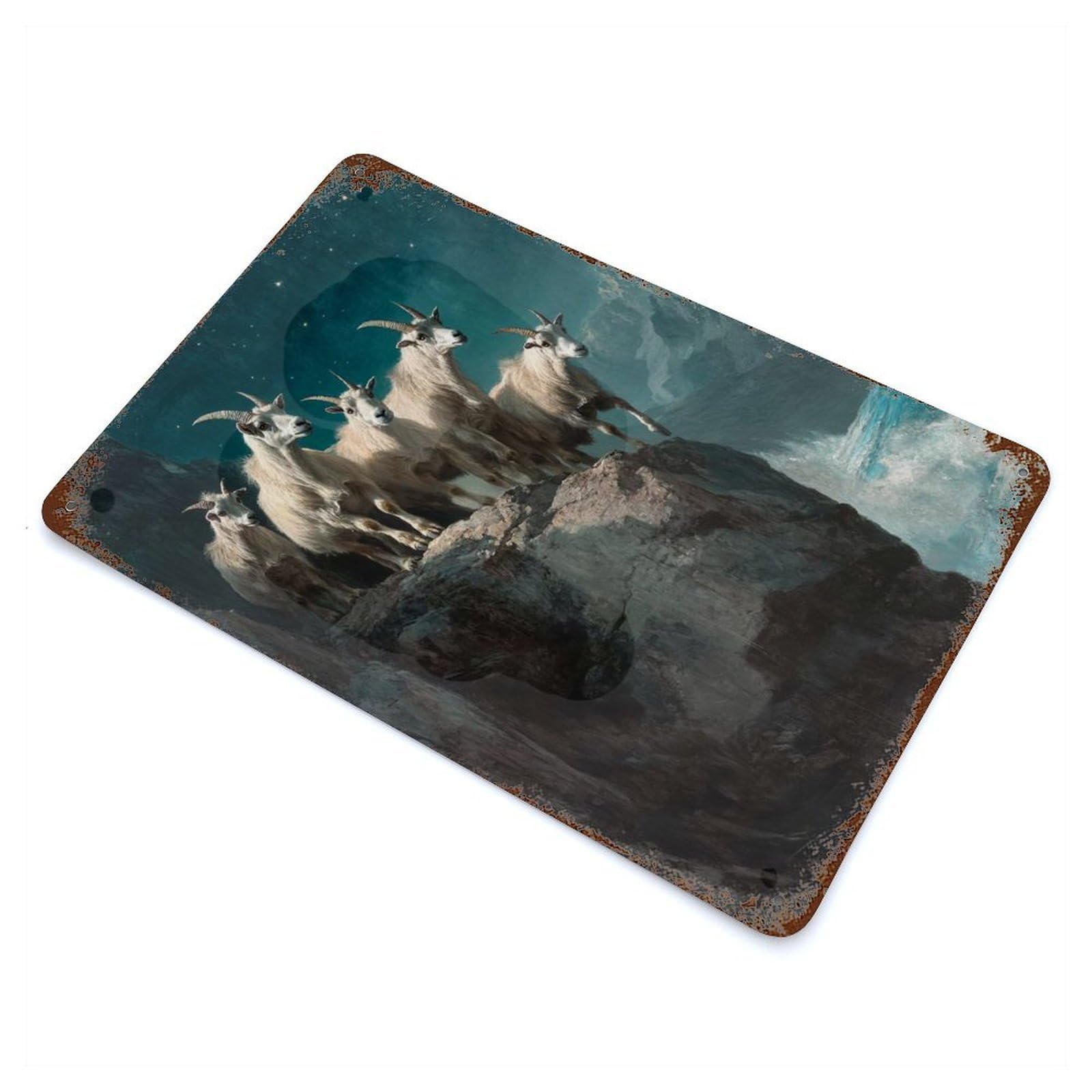 Vintage Rust Metal Sign Mountain Goats at Night 11.8"x7.9", Shabby Chic Decor for Cafe, Home Bar And Lounge Decor