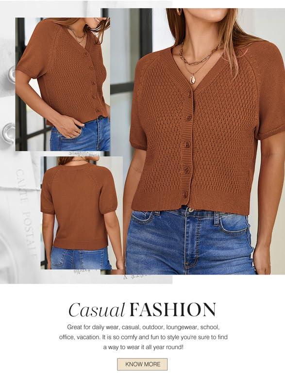 Image of Dokotoo Womens Summer Tops 2024 Trendy V Neck Hollow Out Cropped Button Down Shirts Puff Sleeves Blouses