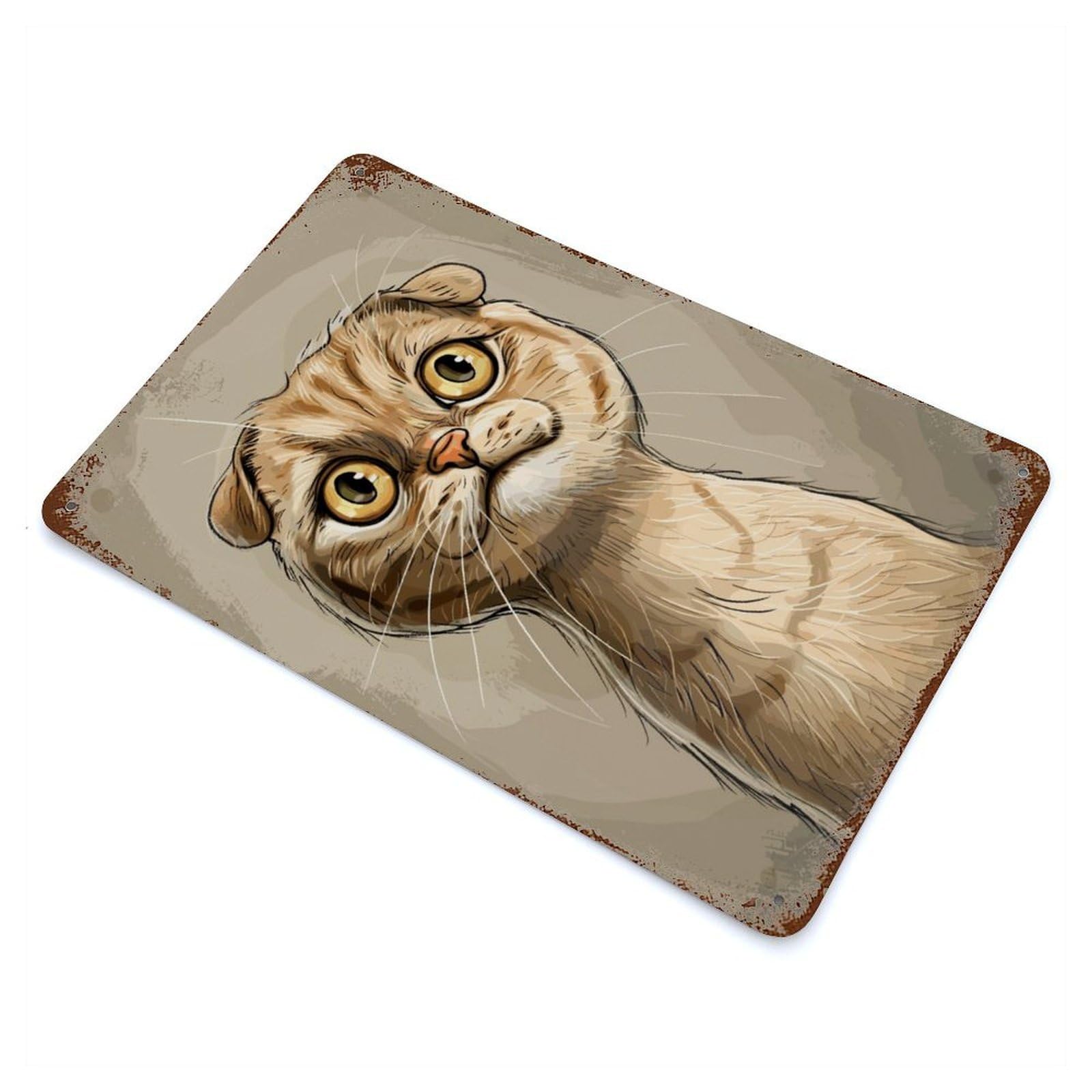 Vintage Rust Metal Sign Scottish Fold Caricature 11.8"x7.9", Decorative Metal Wall Art for Basement, Hobby Room And Garage Decor