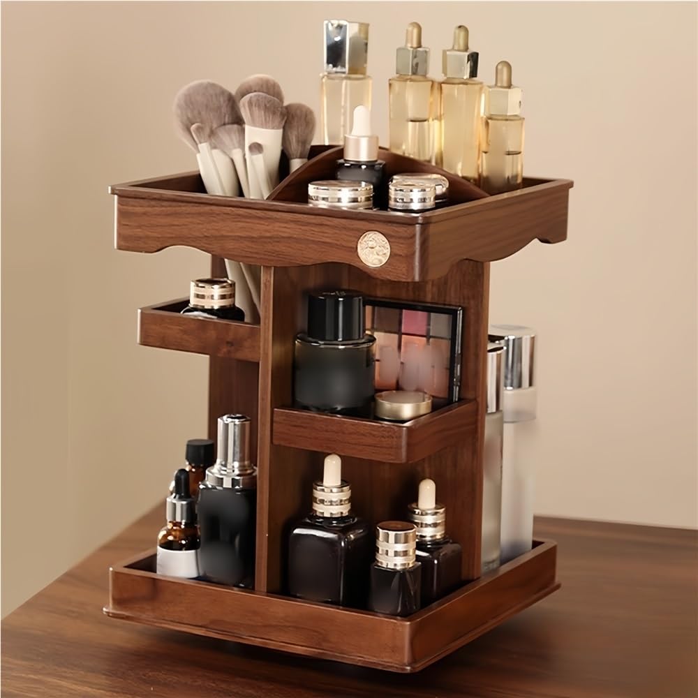 Organizzatore rotante per trucco con porta pennelli, organizer quadrato da banco in legno, per cosmetici, cura della pelle, profumi, rossetti, camera da letto