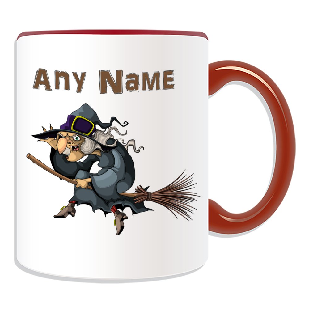 UNIGIFT Personalised Gift - Witch on Broom Mug (Fairy Tale Design Theme, Colour Options) - Any Name/Message on Your Unique