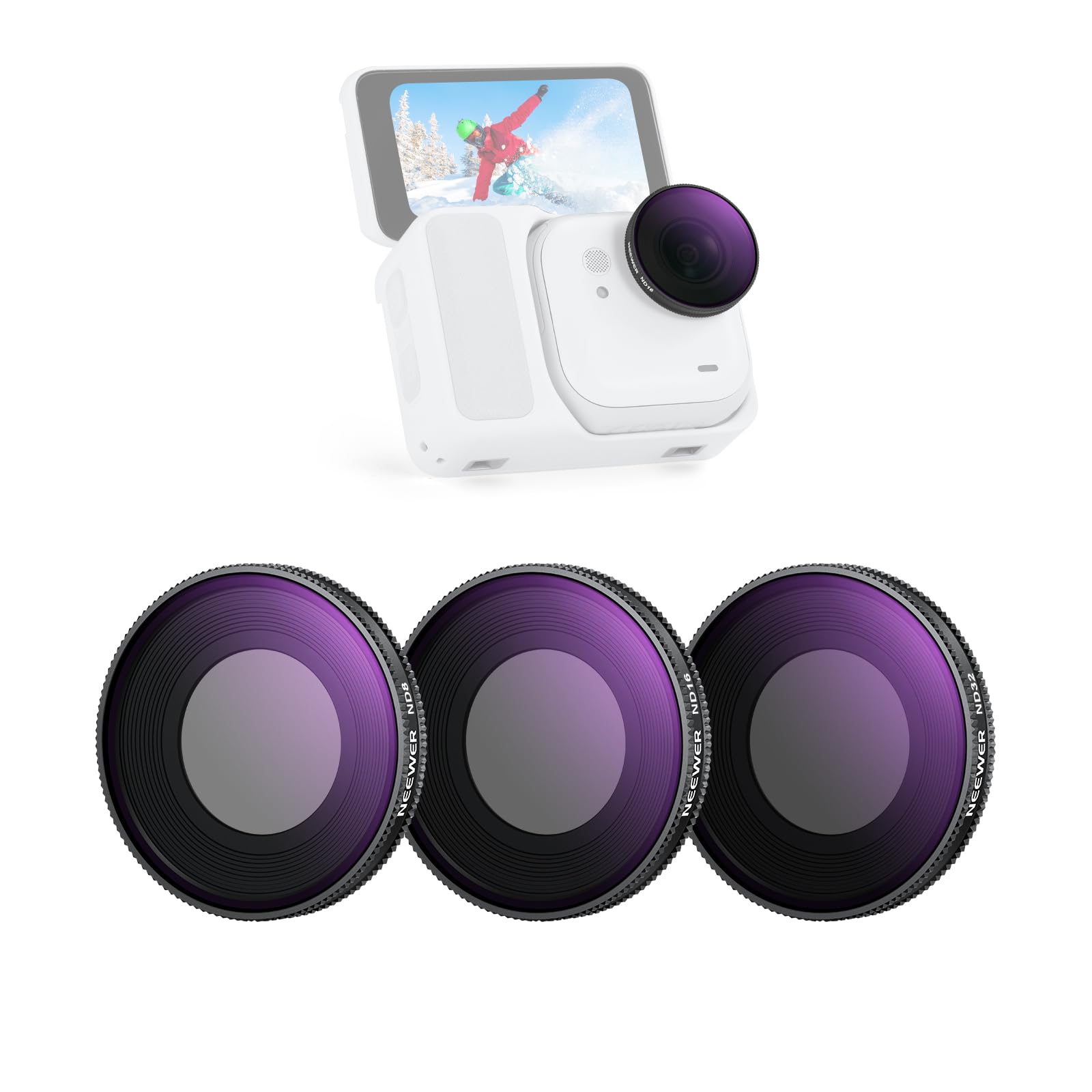 NEEWER ND Filter Set Compatible with Insta360 GO Ultra (ND8/ND16/ND32), Screw On Neutral Density Lens Filter Kit Multicoated HD Optical Glass Slim Frame Action Camera Accessories, FL-C50