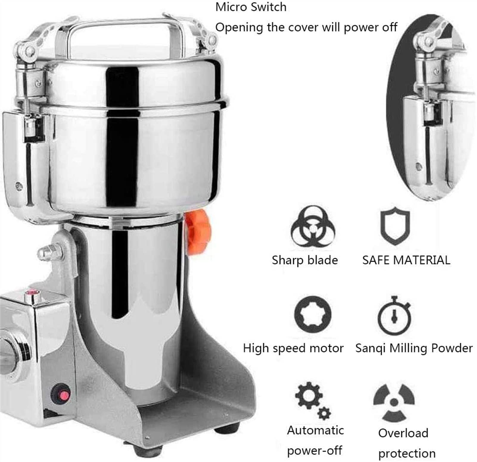 Moulin à grains électrique 700G Moulin à grains électrique Broyeur à grains électrique en acier inoxydable Broyeur multiple commercial pour grains de café aux épices de pierre 36000R / Min 2500W