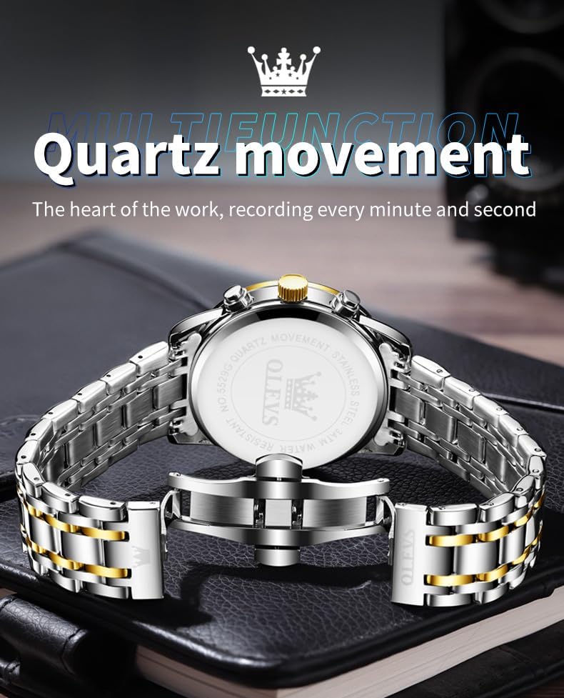 OLEVS Mens Watches Luxury Big Face Waterproof Stainless Steel Analog Quartz Multifunctional Luminous Date Two Tone Fashion Dress Wrist Watches for Man - Image 8