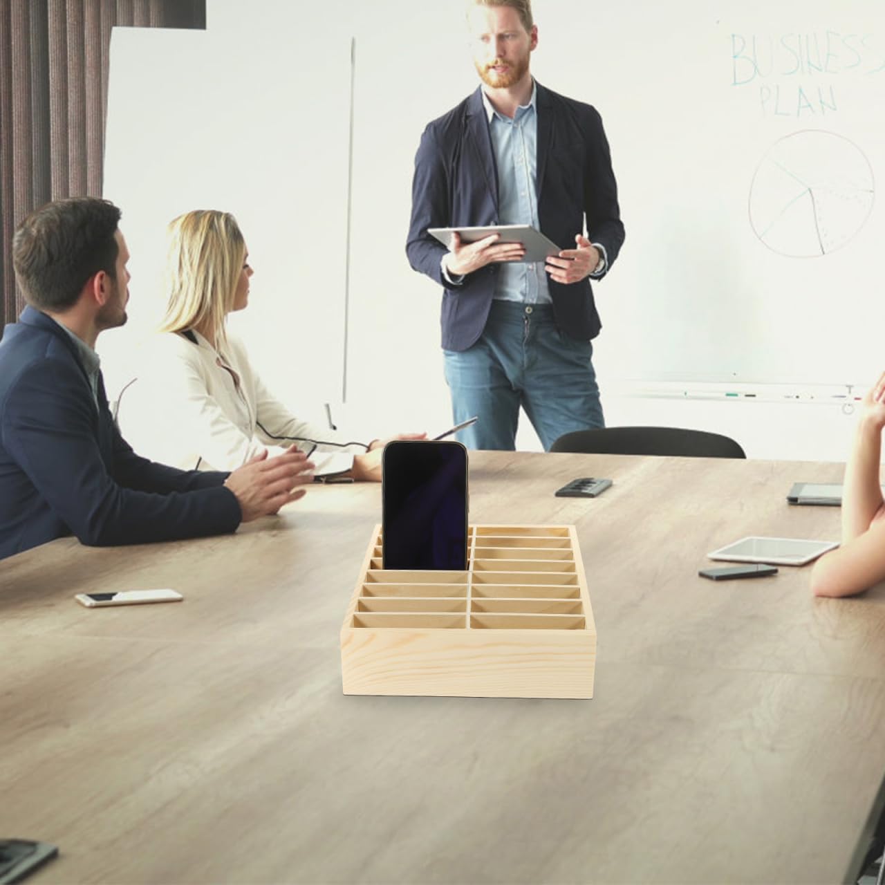 Tofficu Handy-Aufbewahrungsbox mit 16 Fächern – Mehrgitter Holz Organizer für Büro, Klassenzimmer und Schreibtisch zur sicheren Smartphone- und Büroutensilien-Aufbewahrung