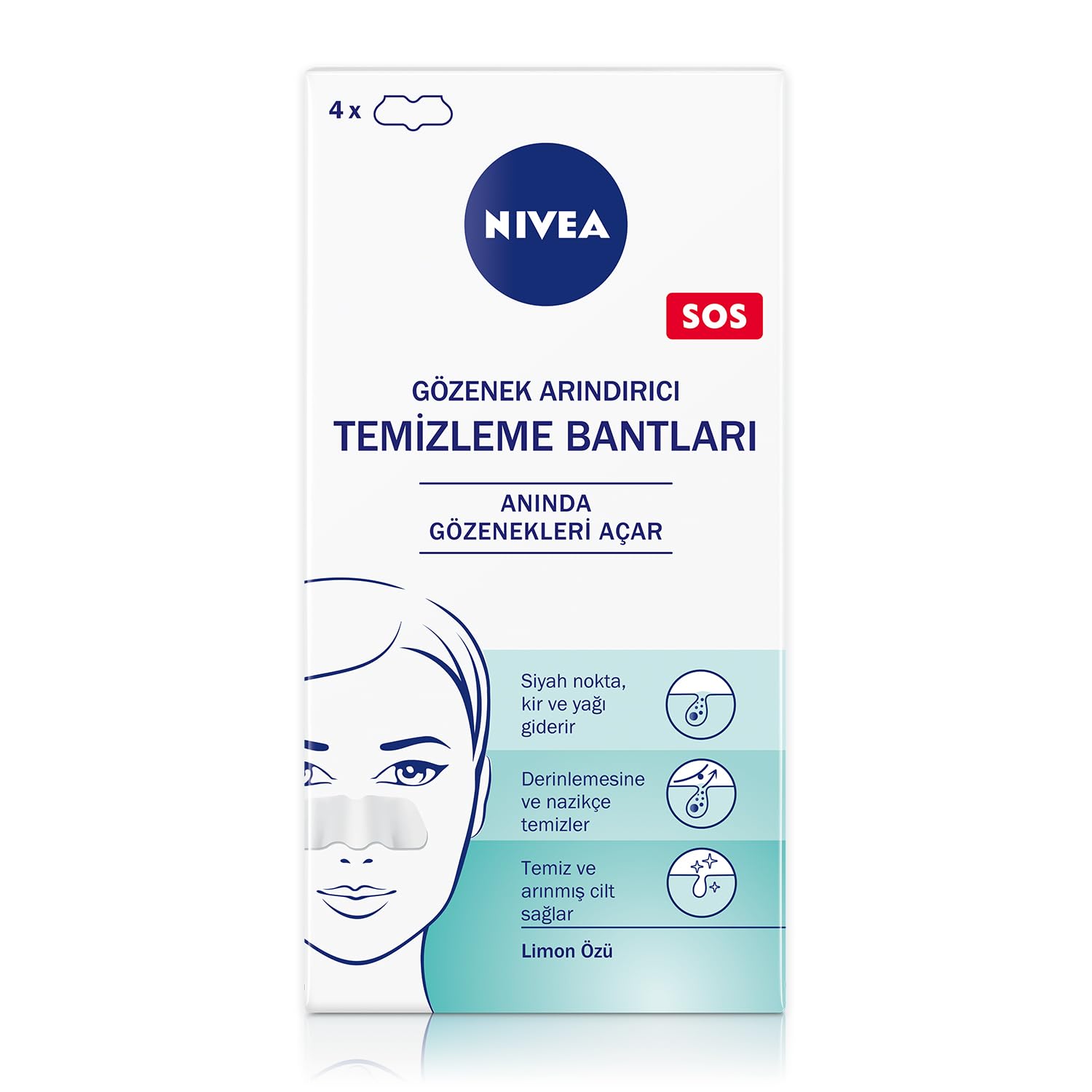 NIVEA Siyah Nokta Temizleyici Burun T-Bant, Gözenek Arındırıcı, Derinlemesine Temizlik, Limon Özü, 4 Adet