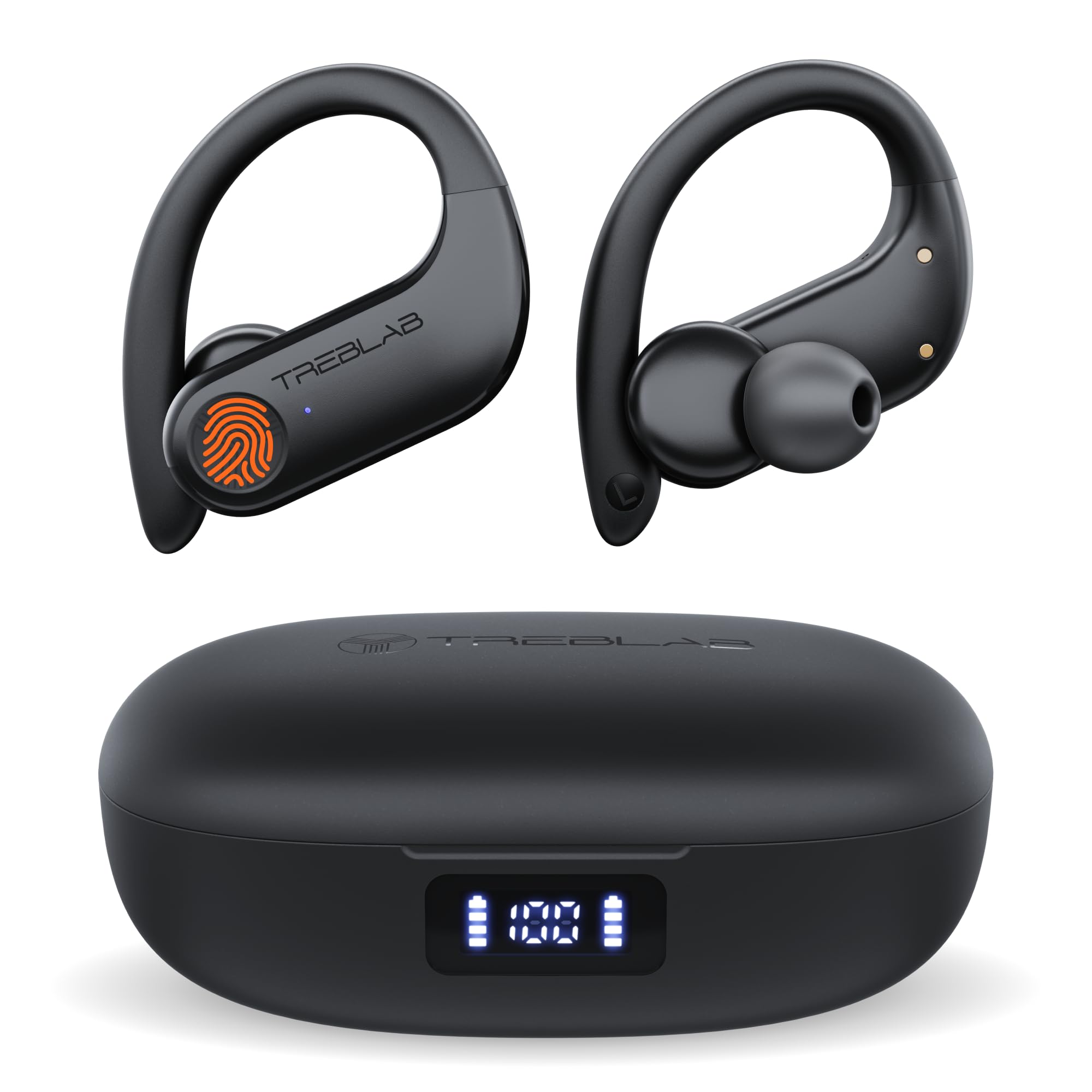 TREBLABX3 Pro - Workout True Wireless Earbuds, Comfortable Earhooks, Bluetooth 5.3, Punchy Bass, Noise Isolation, 145H Playtime, IPX5 Waterproof, Sweatproof, 2 Mics for Calls, Sport Bluetooth Earbuds