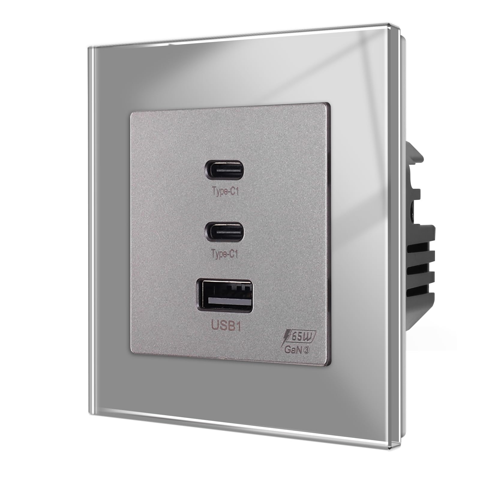 CNBINGO USB C Charger, Quick Charge Socket Flush-Mounted, GaN PD 65 W, 3 Ports Charger, Wall Charging Socket with Tempered Glass Plate