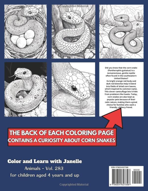 50 Corn Snakes Coloring Pages Book for Kids and Adults: +50 Amazing Facts about Corn Snakes. Coloring Book for Children and Grown-Ups. Color and Learn with Janelle - Animals - Vol. 283 image 3