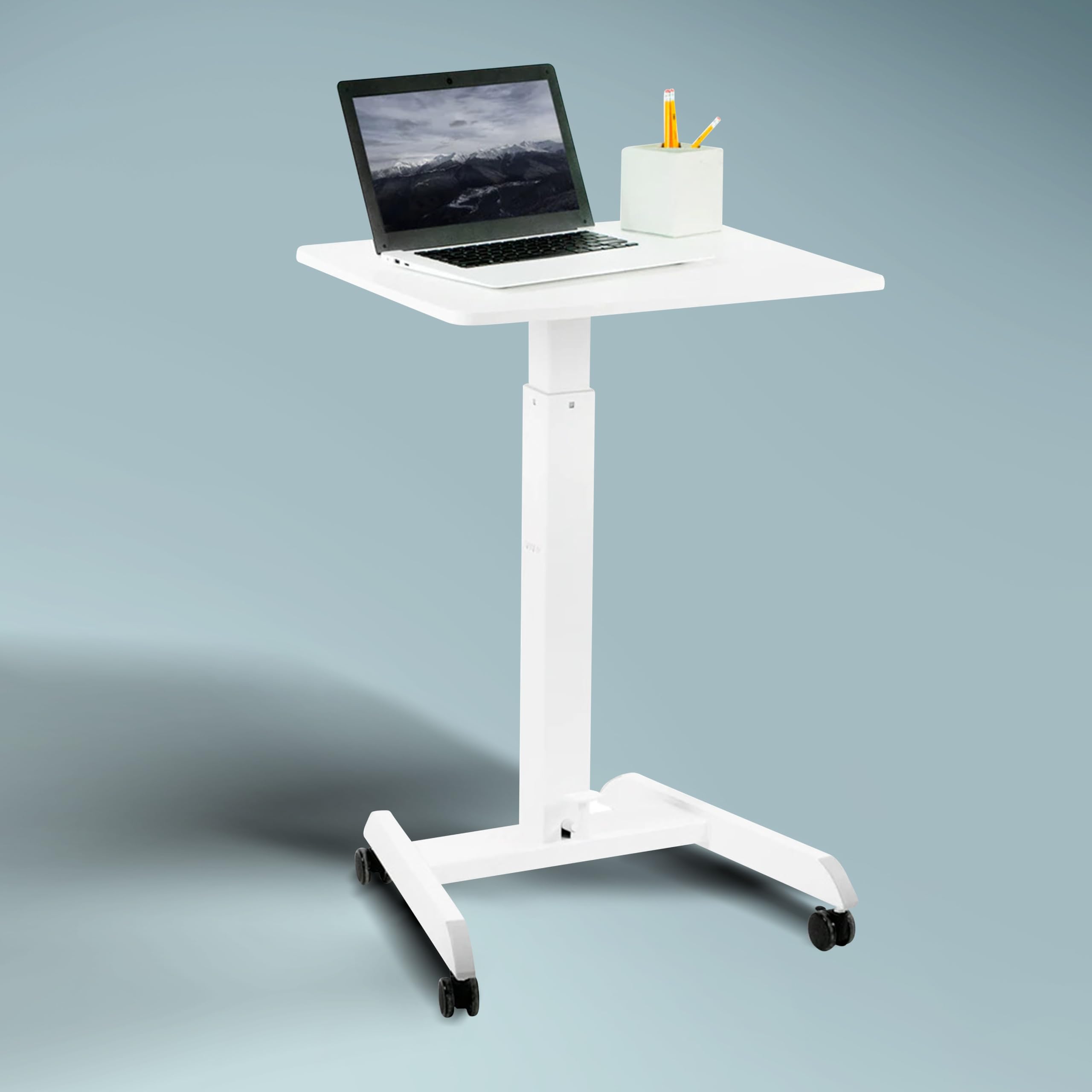JIN OFFICE Ergonomic Height Adjustable Laptop Desk| 1 Year Warranty| Sit Stand Table with Lockable Wheels| Standing Desk for Home Office| Thick Column and Wide Steel Base| Spacious MDF top| White