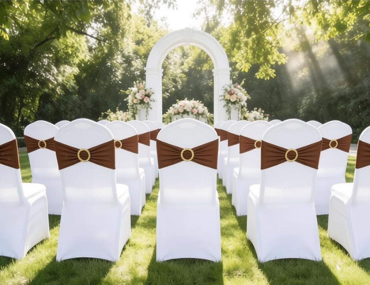 Brown Chair Sashes 50 Pack with Gold Buckle Slider, Spandex Chairs Bands Bows for Wedding Party Birthday Banquet Décor