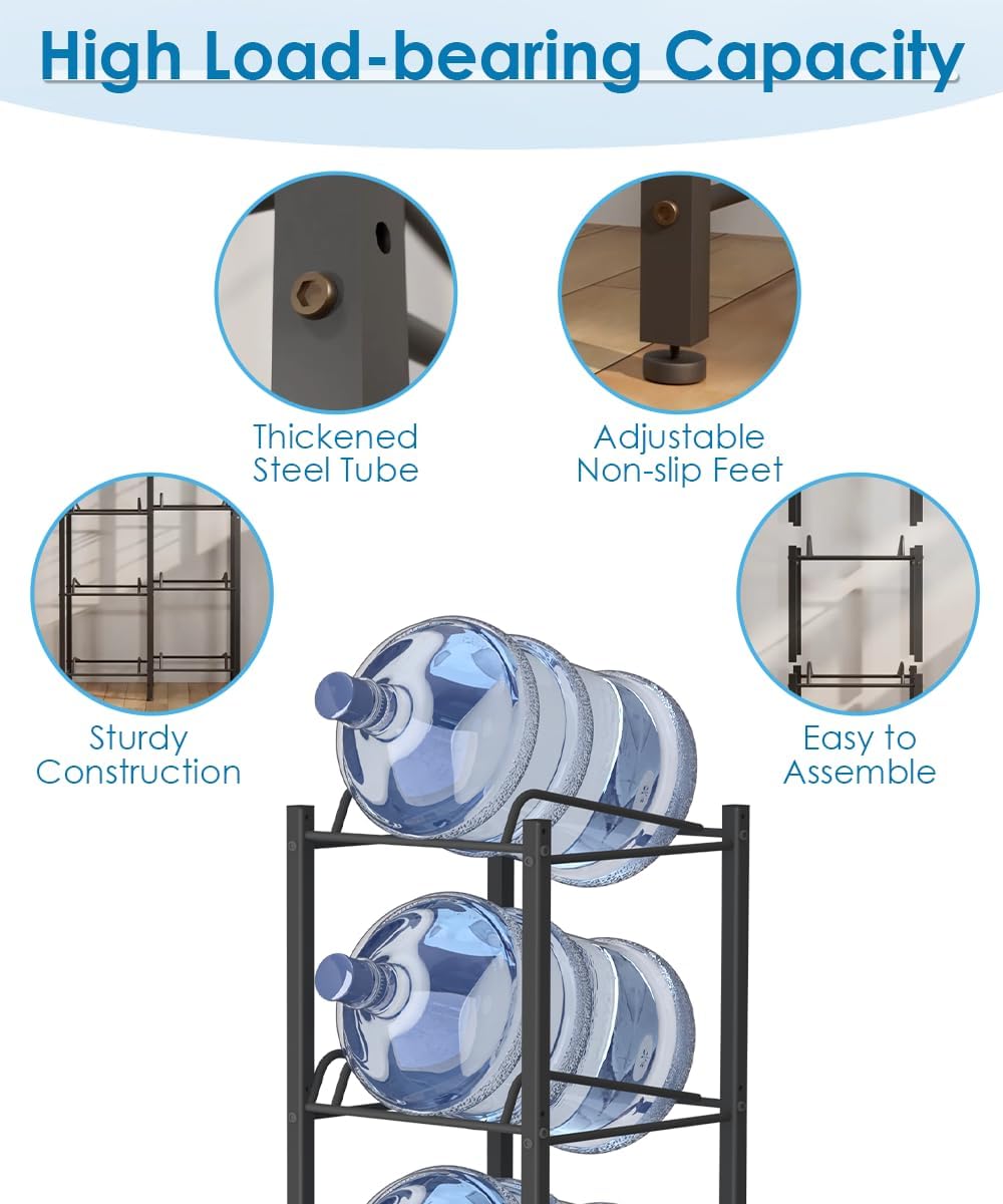 mocomax 5 Gallon Water Jug Holder, Detachable Water Bottle Holder for 6 Bottles, 3 Tier Heavy Duty Water Jug Stand, Water Dispenser Rack for Home, Gym, Kitchen, Office, Black