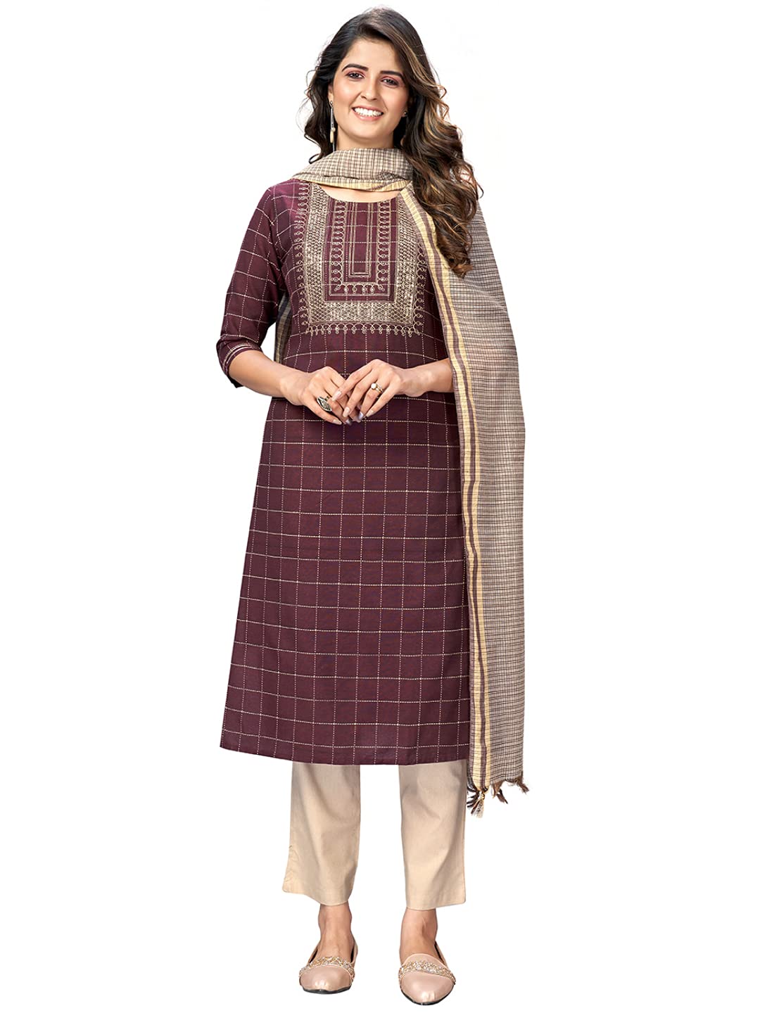Vbuyz Women's Indian Sequence & Checked Straight Cotton Kurta/Kurti,Pant & Dupatta