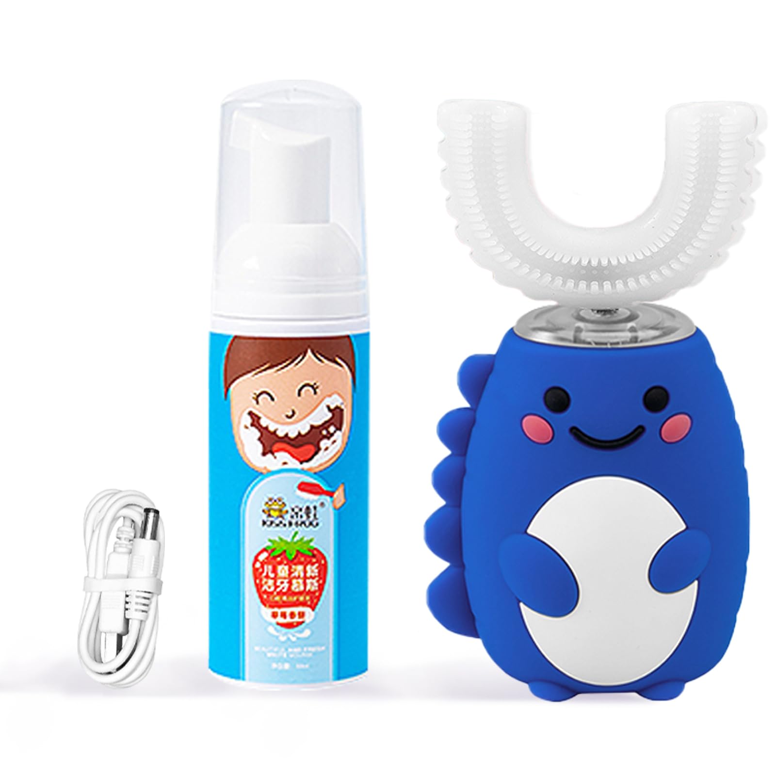 Electric Toothbrush Kids U Shaped with Specialized Foam Toothpaste, Fun Cartoon Dinosaur 360-Degree Cleaning IPX7 Waterproof Design (2-12 Age (Blue))